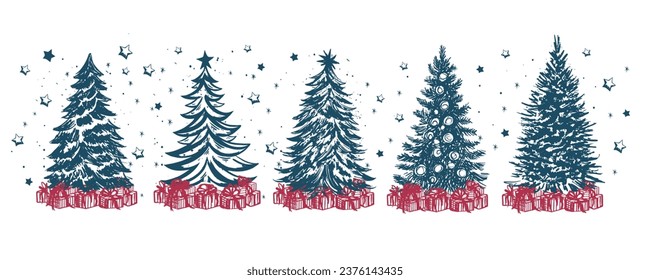 Christmas tree set, Hand drawn illustrations.	