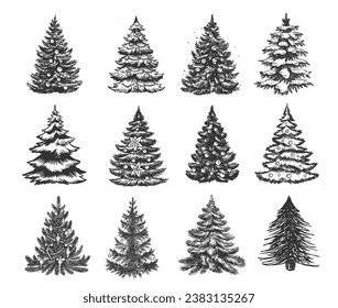 Christmas tree set hand drawn illustration.