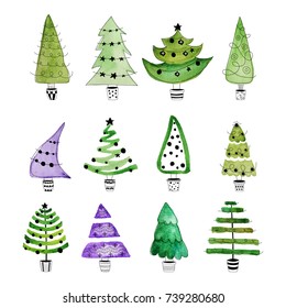 Christmas tree set. Hand drawn christmas trees with stars and balls.