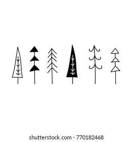 Christmas tree set. Hand drawn graphic vector illustration. Line, Silhouette isolated on white. Scandinavian nordic flat design for print Holiday greeting card, home interior, textile, wrapping.