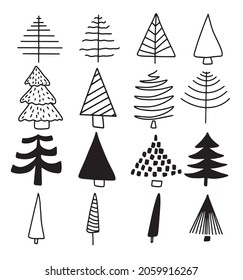 Christmas tree set. Hand-drawn 16 icons christmas Christmas tree for greeting cards, holiday backgrounds. Vector illustration of trees. Doodle set