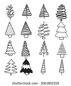 Christmas tree set. Hand-drawn 16 icons christmas linear Christmas tree for greeting cards, holiday backgrounds. Vector illustration of trees, isolated on white background. Doodle set