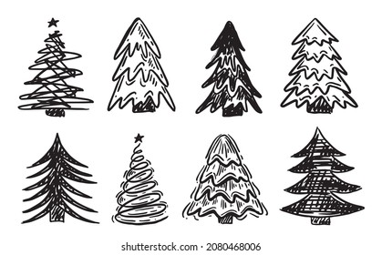 Christmas tree set. Happy New Year. Hand drawn illustrations. Vector.