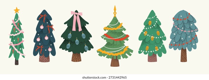 Conjunto de árbol de Navidad aislado Ilustraciones granuladas de un