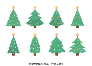 Christmas tree set. Isolated green tree illustartion with decorative toys and stars on white background.