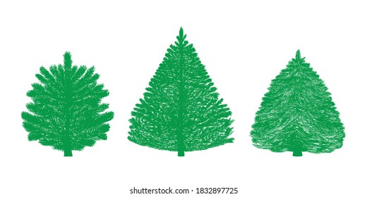 Weihnachtsbaumset einzeln auf weißem Hintergrund im doodle grungy Stil. 