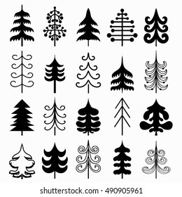 Christmas tree set isolated on white background. Black and white colors. New year symbols. Vector illustration