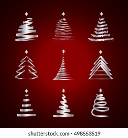 Christmas tree set isolated on red background, vector illustration