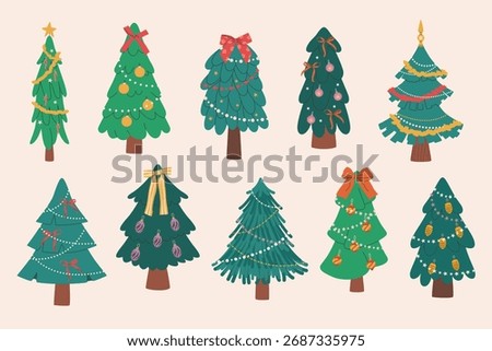 Christmas tree set. Isolated retro illustrations of a holiday trees decorated with Christmas ornaments, baubles, garlands, and bows. Festive winter elements for New Year designs. Clipart bundle.