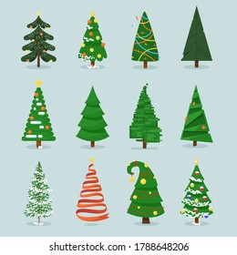 Christmas tree set. Isolated stylized decorated cartoon fir-tree with stars and balls icon collection. Christmas winter holiday celebration symbol decoration vector illustration