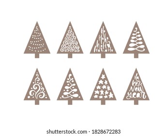 Christmas tree set laser cute. Paper cute doodle hand drawn holiday decor. Group of fir tree. Abstract doodle drawing woods. Vector art design illustration simple line.