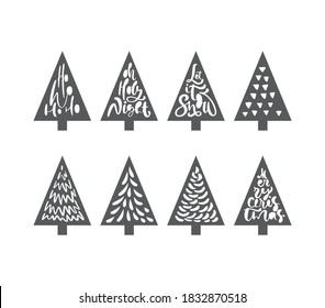 Christmas tree set laser cute. Paper cute doodle hand drawn holiday decor. Group of fir tree. Abstract doodle drawing woods. Vector art design illustration simple line.