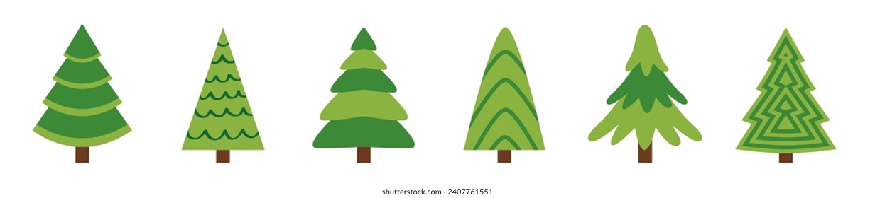 Christmas tree set line. Fir tree collection. Green pine trees template for greeting card, banner, web. Different shape. New Year winter sign symbol. Flat design. White background. Vector illustration