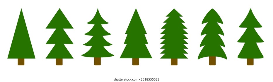 Christmas tree set line. Green fir tree collection. Pine trees. Greeting card, banner, web, sticker print template. Different shape. New Year winter sign symbol. Flat design. White background. Vector