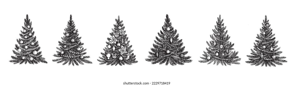 Christmas tree set, Merry Christmas and a Happy New Year. Hand drawn illustrations.