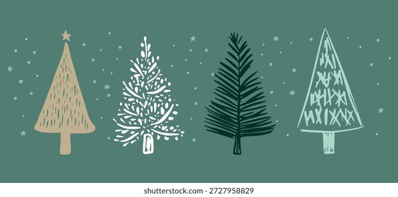 Árvore de Natal definida em azul, ilustração desenhada à mão	