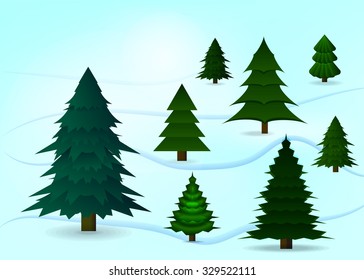 Christmas tree set on the snow. Light blue background. Simple Vector objects