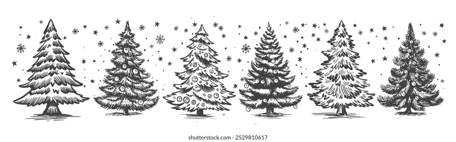 Christmas tree set on white, hand drawn illustration	