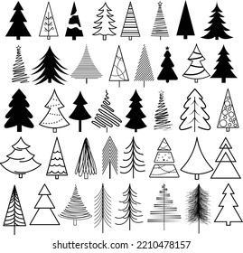 christmas tree set outline drawing vector