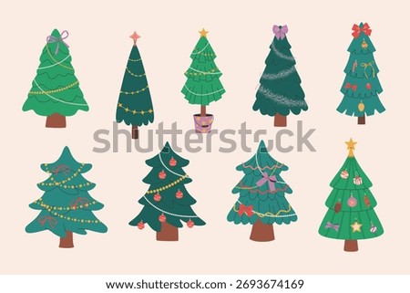 Christmas tree set. Retro illustrations of a holiday trees decorated with Christmas ornaments, baubles, garlands, and bows. Isolated festive winter elements for New Year designs. Clipart bundle.