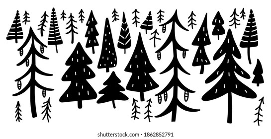 Christmas tree set. Scandinavian style coniferous forest Doodle. Vector illustration