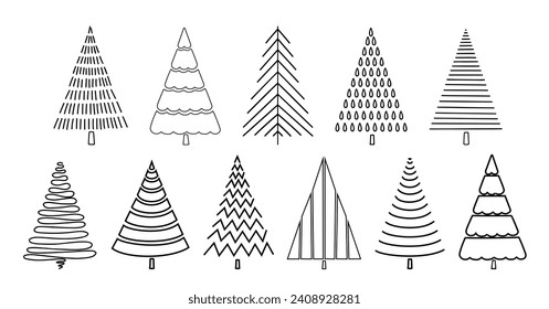 Christmas tree set simple hand drawn outline doodle vector illustration for wintertime happy holidays celebration lineart decor, greeting card, invitation, poster, Merry Christmas, Happy New Year
