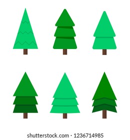 Christmas tree, a set of six green Christmas trees. A cartoon Christmas tree. Flat design, vector.