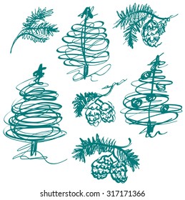 Christmas tree , set , sketch, vector