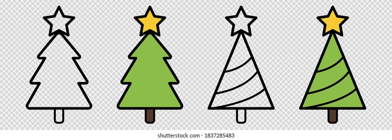 Christmas tree set. Transparent and filled cartoon tree. Outline and colored xmas decoration. Isolated new year symbol on transparent background. Star and triangle shape. Vector EPS 10