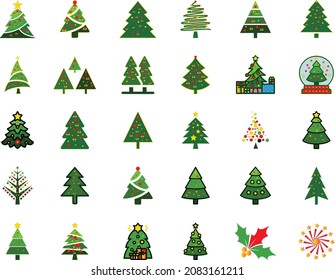 Árbol de Navidad, conjunto de árboles de Navidad, moderno y colorido icono plano Aislado en fondo blanco