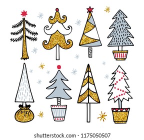 Christmas tree set, vector illustration. Can be used for greeting card, invitation, banner, web design. Gold, red and gray colors isolated on white background.