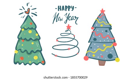 Juego de árboles de Navidad. Ilustración vectorial del árbol de Navidad sobre un fondo blanco. símbolo de Feliz Año Nuevo, Feliz Navidad. Árbol de luz espumoso con corazón. garabato plano aislado,