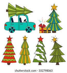 Christmas tree set. Vector illustration with painted Christmas trees. New year doodles.