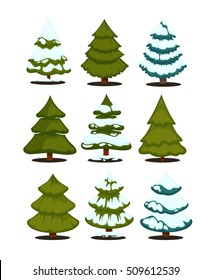 Christmas tree Set. Winter xmas  holiday design elements: Xmas fir with snow.  Cartoon style. Isolated vector.