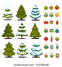 Christmas tree Set of xmas green trees and decoration ball. Winter tree holiday design elements  Isolated vector.