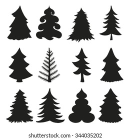 Christmas tree set.Black silhouette, design template,vector set. Concept icon collection.Isolated on white background.Hand drawn New year elements