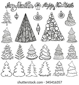 Christmas tree set.Outline silhouette, design template vector set. Concept icon collection.Isolated on white background.Hand drawn doodles, handwriting titles,balls.New year elements