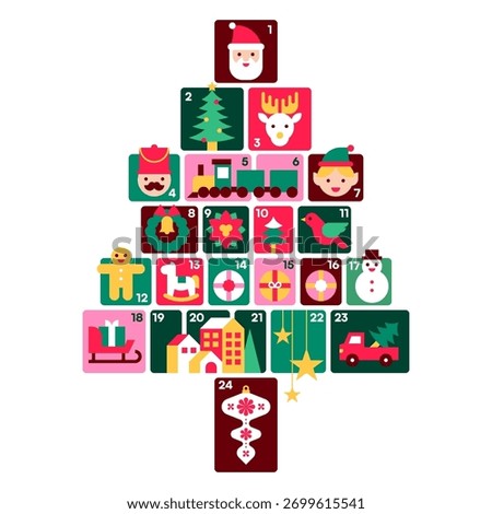 Christmas Tree Shape Advent Calendar with Cute Winter Icons Santa Elf Snowman Reindeer Festive Vector Illustration
