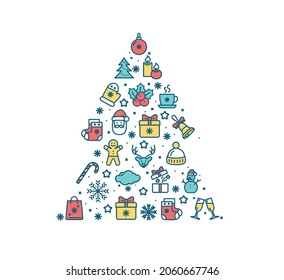 Christmas Tree Shape Concept with Color Thin Line Icon Set. Vector illustration of Symbol of Winter Holidays
