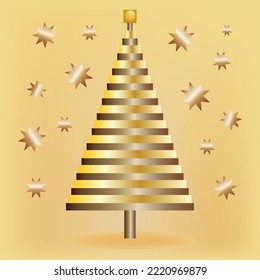Christmas tree in the shape of a cone. Gold, gradient. Stars. Vector illustration. It can be used for New Year's cards, patterns, design projects.
