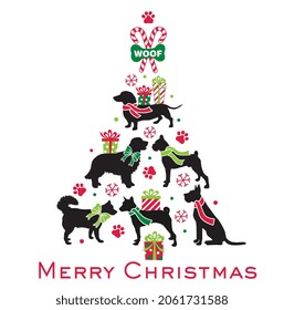 Christmas tree shape of cute Dogs pet with Merry christmas greetings, Candycane, paw prints gifts, snowflakes and woof - vector print design