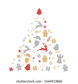 Christmas tree shape design. Merry Christmas card decoration. Happy New Year design elements. Vintage graphics of deer, bell, snowflake, ribbon, bow, tree, snowman. Vector icons set.