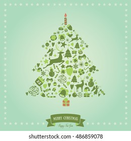Christmas tree shape design. Merry Christmas card decoration. Happy New Year design elements. Vintage green graphics of deer, bell, snowflake, ribbon, bow, tree, snowman. Vector icons set.