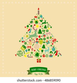 Christmas tree shape design. Merry Christmas card decoration. Happy New Year design elements. Vintage green graphics of deer, bell, snowflake, ribbon, bow, tree, snowman. Vector icons set.