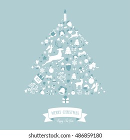 Christmas tree shape design. Merry Christmas card decoration. Happy New Year design elements. Vintage blue graphics of deer, bell, snowflake, ribbon, bow, tree, snowman. Vector icons set.