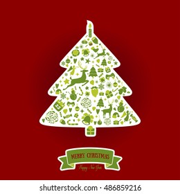 Christmas tree shape design. Merry Christmas card decoration. Happy New Year design elements. Vintage red graphics of deer, bell, snowflake, ribbon, bow, tree, snowman. Vector icons set.