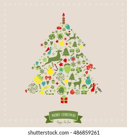 Christmas tree shape design. Merry Christmas card decoration. Happy New Year design elements. Vintage graphics of deer, bell, snowflake, ribbon, bow, tree, snowman. Vector icons set.