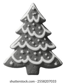 Christmas tree shape gingerbread cookie isolated on white background retro halftone grunge dotted cut-out vintage collage element for holiday mixed media design black dots magazine newspaper texture