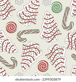 Christmas tree shape gingerbread cookies candy cane peppermint round swirl lollypop vector seamless pattern. Xmas holiday festive season treats sweets snacks food background.