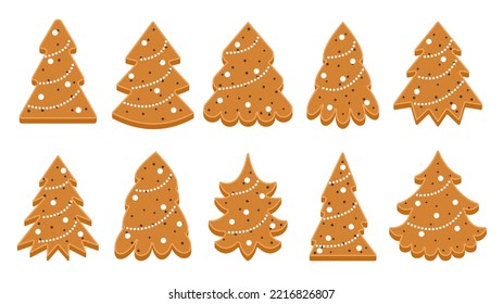 Christmas tree shape icing gingerbread cartoon set. Xmas homemade december sweet biscuit cookie for Santa. Winter holiday delicious glaze dessert. Happy New Year sugar baked bread confectionery